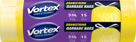 HURT - VORTEX Worki na śmieci z taśmą ściągającą HDPE 50x60cm żółte 35L/15 sztuk