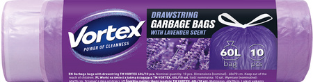 HURT - VORTEX Worki na śmieci z taśmą ściągającą o zapachu lawendy HDPE 60x70cm fioletowe 60l /10szt