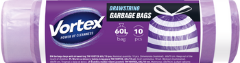 HURT - VORTEX Worki na śmieci z taśmą ściągającą  HDPE 60X65CM fioletowo białe 60l/10 sztuk 